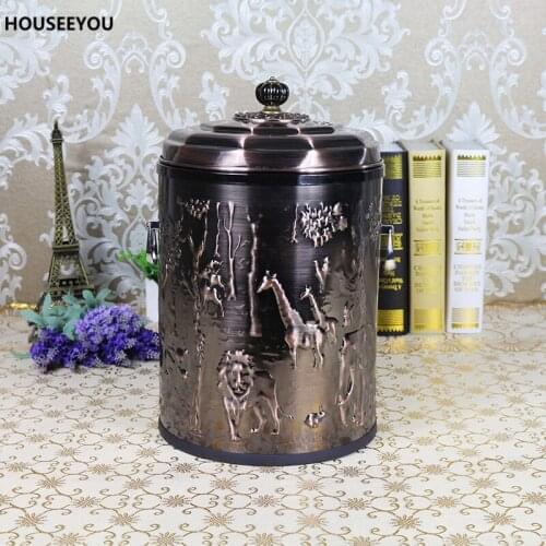 Chinese Style Stainless Steel Waste Bin Creative Upscale Rash Bin living-room Trubbish Bin Home Decoration Cover tea Trash Cans