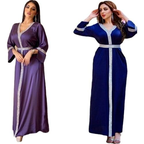 Muslim Fashion Women Turkish Abaya Dubai Caftan Satin Long Dress Elegant Ladies Party Diamonds Shiny African Robes Boubou
