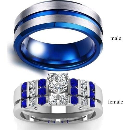 New hot blue double ring male ring double heart-shaped rhinestone female ring engagement Valentines Day gift 2019