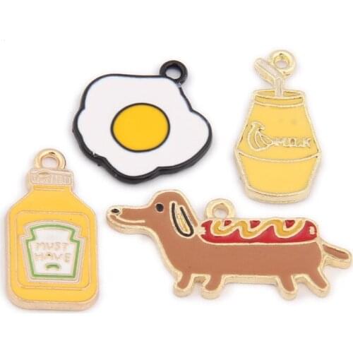 Newest Zinc Alloy Enamel Charms 10pcs Kawaii Food Egg Drink Milk Animal Dog Jewelry Necklace Pendants Ornament Accessories
