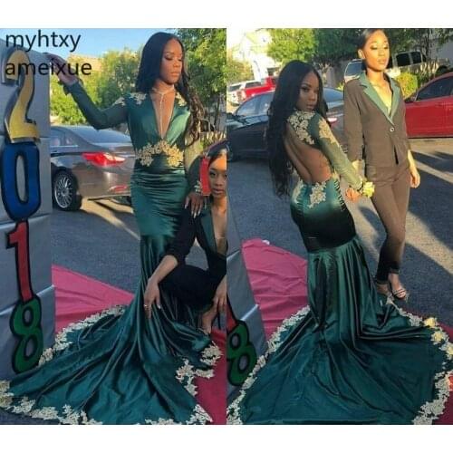 New Dark Green Long Sleeves Plus Size Custom Prom Dresses 2020 South African Black Girls Deep V Neck Wear Evening Party Gowns