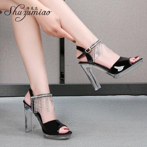 Shuzumiao 2020 Summer New Women Shoes Patent Leather Sandals Female Rhinestones Square Crystal Heel High Heels11cm Catwalk Shoes