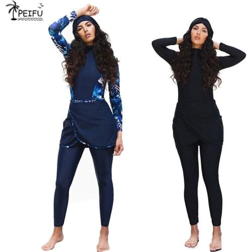 PEIFU New Style Muslim Swimwear Lady Modest Patchwork Turban Long Sleeve Sports Swimsuit Islamic Burkinis Wearing Swimsuit 4XL