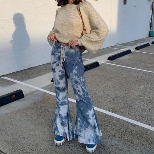 2020 European And American Autumn Fashion Trends Tie-dye Elastic Casual High Waist Pants Womens Waist Flared Pants S M L