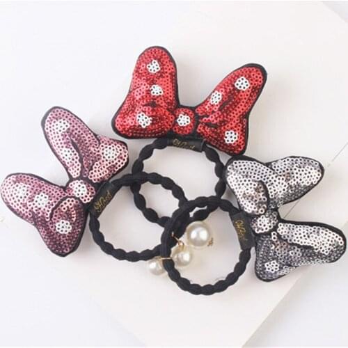 Cute Girls Mickey Cloth Pearl Elastic Hair Band Hair Dress and Accessories Red/Fushia/Pink/Blue/Silver color