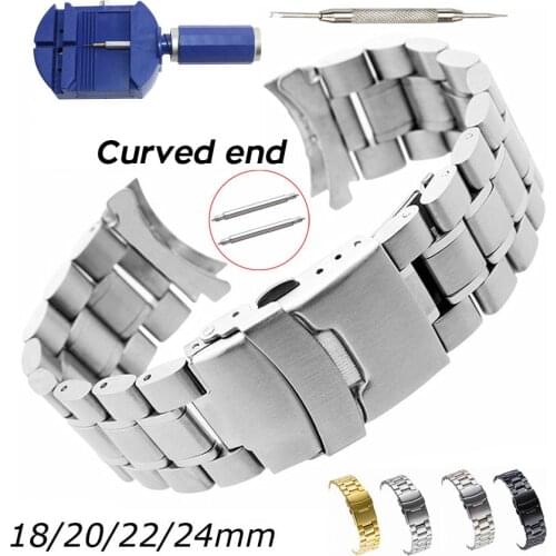 Curved End Watch Band 18mm 20mm 22mm 24mm Replacement Watch Strap Double Lock Clasp Stainless Steel Watchband with Tools