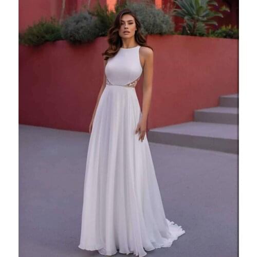 Gorgeous Wedding Dress O-neck White Satin A-Line Sleeveless 2020 Floor Length Zipper Sweep Train A-line Bridal Gowns Elegant