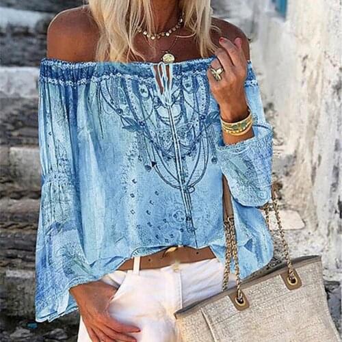 Boho Blouse Women Long Sleeve Off Shoulder Floral Print Hollow Out Lace Up Blouse Tops Shirts Female Sexy Women Casual Blouse