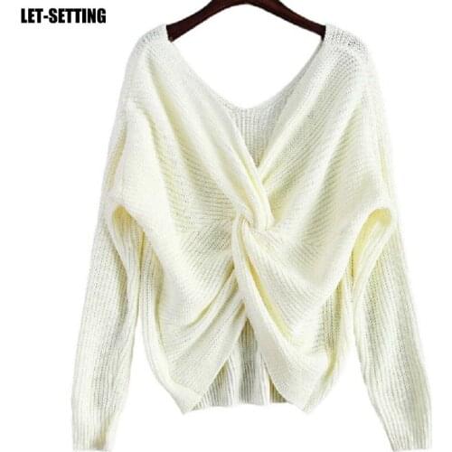 Reversible Long Sleeve Cross Women Jumpers Tie Knot Sexy Knitted Tops Short Knitting Pull Casual V-neck Twisted Backless Sweater