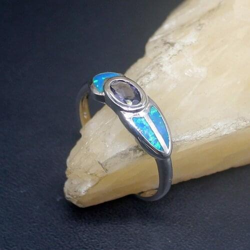 Hermosa Blue Fire Opal Purple Amethyst Genuine 925 Silver Band Ring Wedding Engagement Gifts for Women Size 9# 20214289