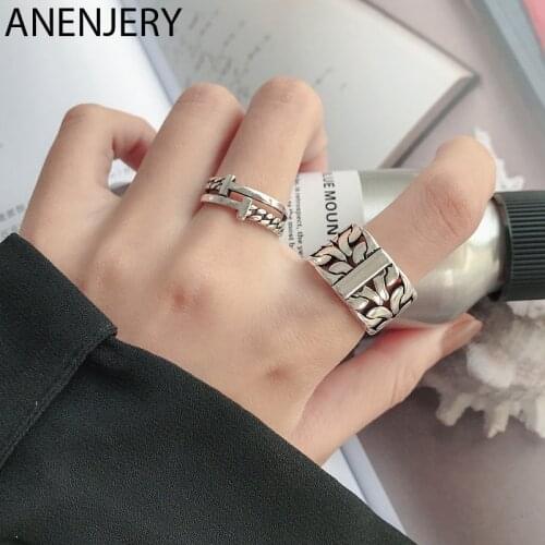 ANENJERY 925 Sterling Silver Vintage Wide Surface Chain Thai Silver Ring for Women Fashion Party Jewelry Gifts Wholesale S-R843