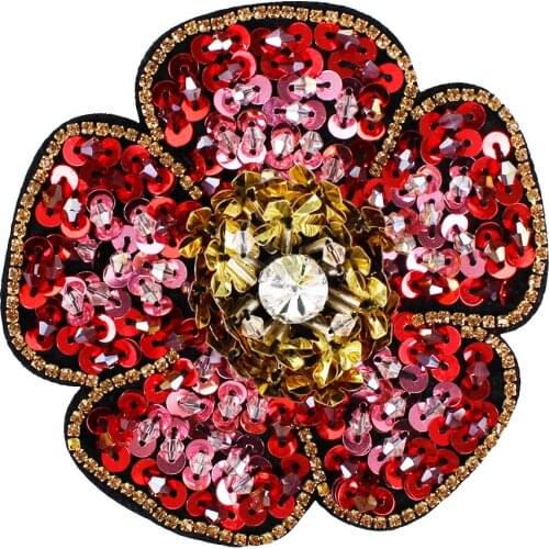 10pieces DIY Beaded Red Sequin Motifs Floral Petal Patches Rhinestones Crystal Applique for Hat Clothes Sewing Supplies TH925