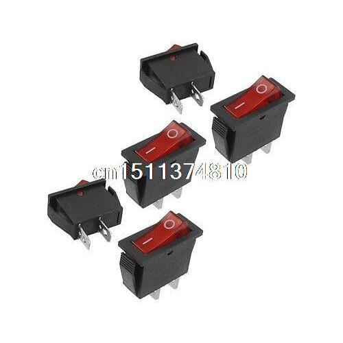 AC 16A/250V 20A/125V 2 Terminal SPST Red Neon Lamp On-Off Rocker Switch 5 Pcs