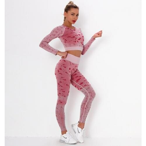 Seamless Gym Set Women Clothing Sports Suit Workout Running Sport Shirts Fitness High Waist Leggings + Long Sleeve Sportswear
