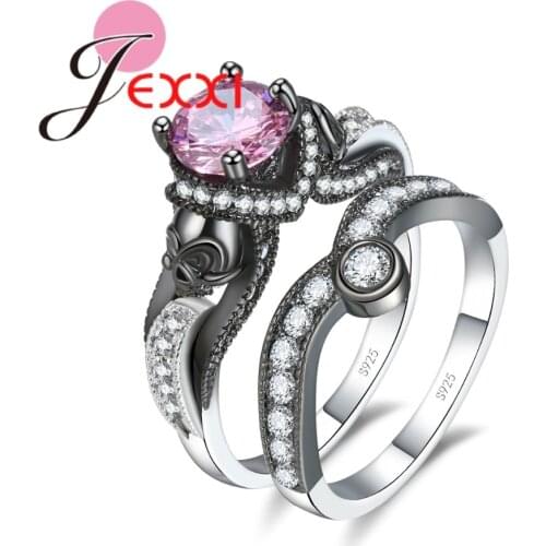 Shiny Cubic Zirconia Rings Set 925 Sterling Silver Stelring Silver with Double Black Skull Design for Women Wedding Jewelry