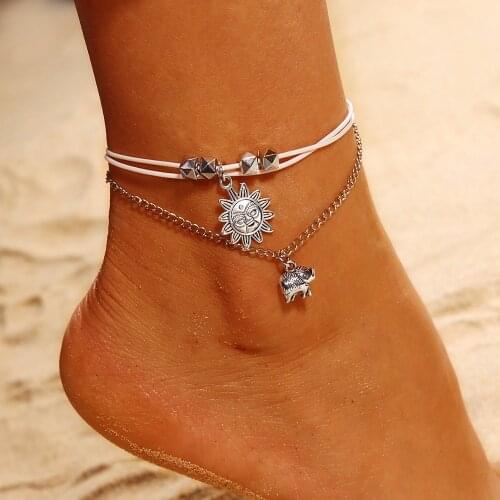 Boho Pendent Double Layer Anklet Bohemian Foot Jewelry Gift Vintage Star Elephant Anklets Bracelet For Women