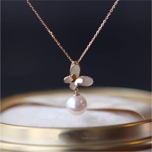 Double Butterfly Charm Pendant Chain Fashion 8mm Shinning Pearl Necklace