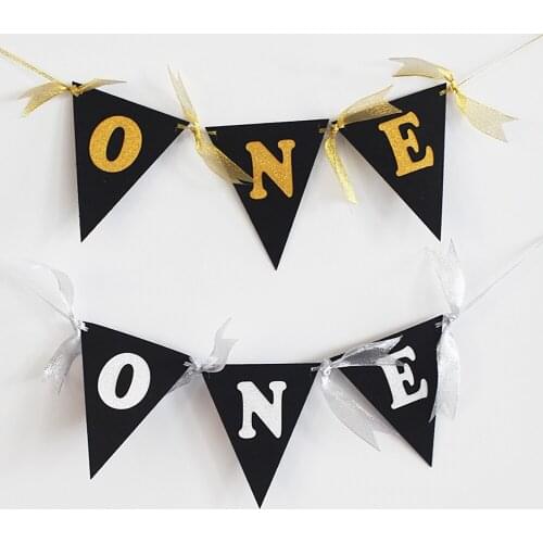 Lychee DIY Black Golden ONE Letter Flag Banner Party Banner Flags Birthday Festival Decoration Accessories