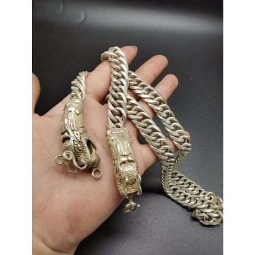 62cm Old Chinese tibet silver handcarving double dragon head Necklace
