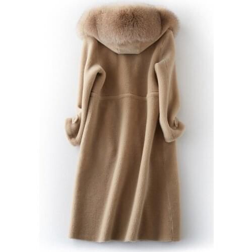 New Winter Womens Natural Wool Fur Coat Sheep Shearling Long Jacket Overcoat Female Real Fox Fur Parka Outwear LX2400