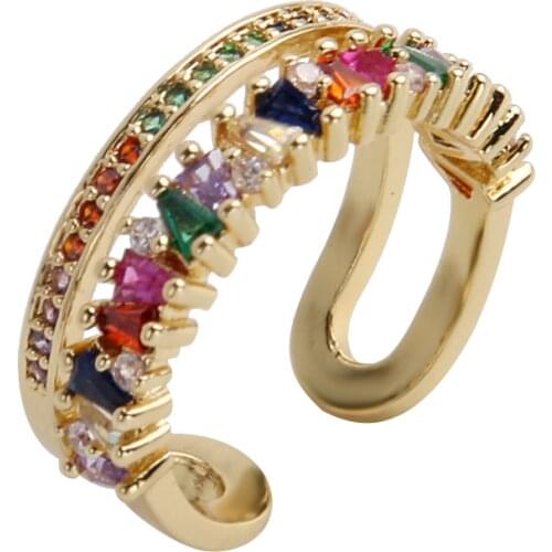 Luxury Gold women ring U adjustable open ring for women rainbow crystal copper cubic 5A zirconia simple ring woman dropshipping