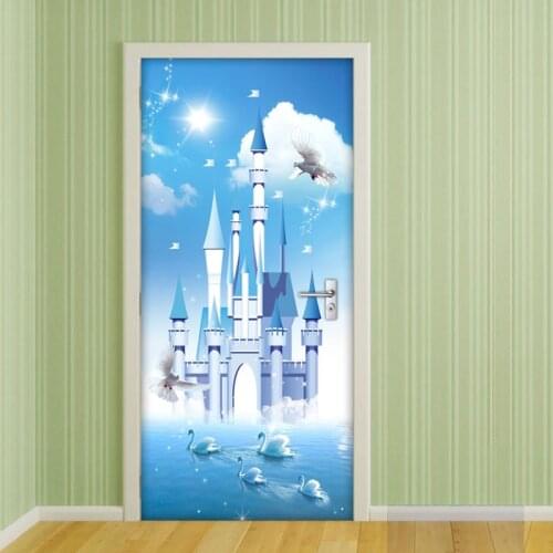 Blue Sky White Clouds Swan Lake Blue Castle 3D Children Room Bedroom Door Decoration Sticker Self-adhesive Vinyl Wall Paper Kids