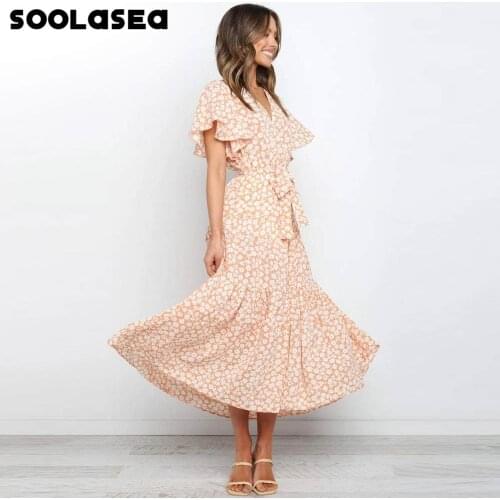 Soolasea 2021 New Summer Boho Printed Long Dress Women V Neck Holiday Beach Dresses A Line Short Sleeve Ruffle Dress Vestidos
