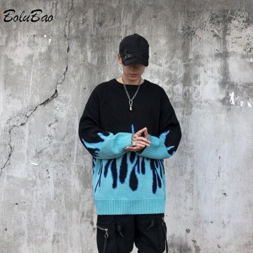 BOLUBAO 2021 Autumn Sweater Men Streetwear Retro Harajuku Oversize Hip Hop Blue Flame Pullover Casual Mens Sweaters