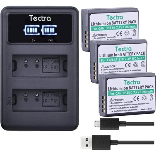Tectra 3x LP-E10 LPE10 Bateria + LED Display USB Dual Charger for Canon 1100D 1200D 1300D Rebel T3 T5 KISS X50 X70