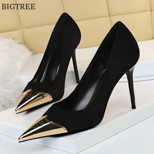 Metal Decoration High Heels Pumps Women Shoes 2021 Spring Pointed Toe Ladies Black Office Thin Heel Fashion Wedding Shoes Woman