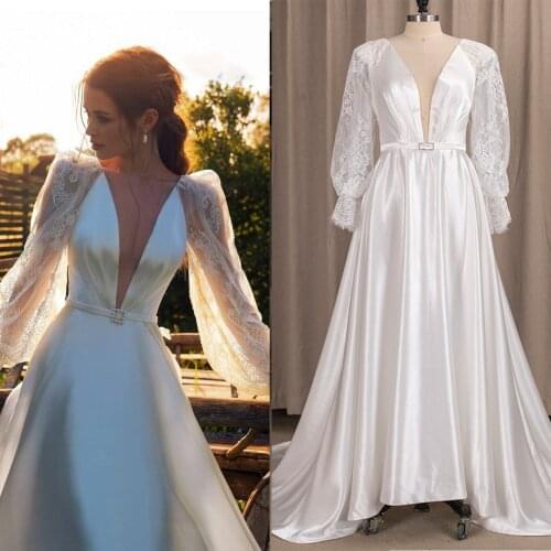 Unique Deep V Satin Outdoor Wedding Dress Tulle Lace Long Sleeves Bridal Dress Belt Modern Keyhole Back Plus Size Custom Made