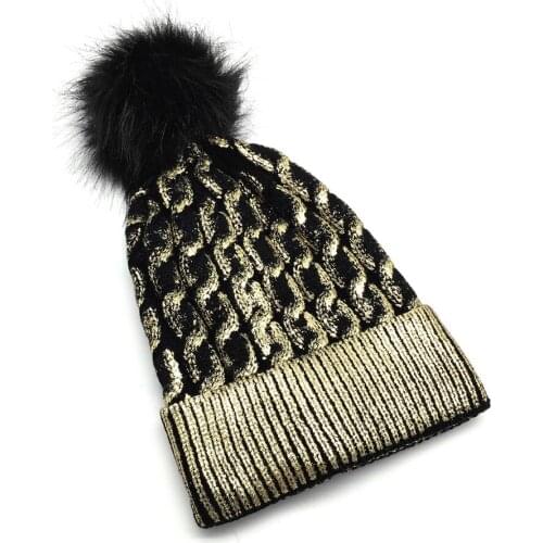 Women Metallic Silver and Gold Solid Color Beanie with Faux fur pompom Ladies Girls Knitted Paisley Warm Winter Hat Black Hats