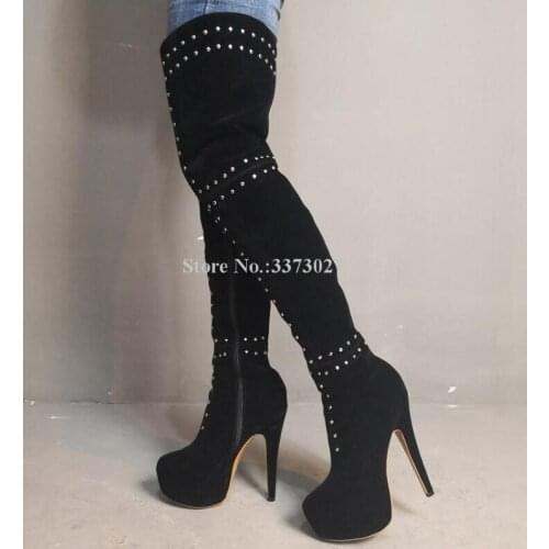 Suede Rivets Platform Long Boots Fashion Lady Super Thin Heel Studded Over the Knee Boots Woman Large Size Casual Shoes
