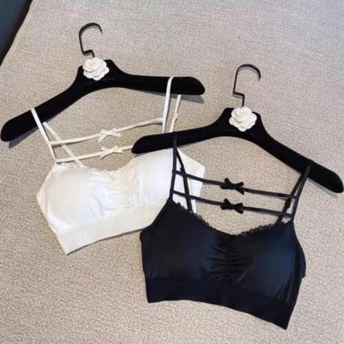 Women Sexy Wrapped Chest Bow Bralette Camisole Double Bandage Push Up Slim Crop Top Lace Trim Backless Bustier Underwear
