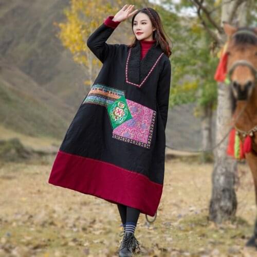 2020 winter Asian Ethnic style large size Robe Clothing womens cotton coat linen embroidery A version thick cotton Long jacket