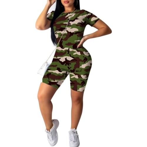 3 Colors Women Casual Two-piece Clothes Set Ladies Summer Camouflage Printed Pattern Short Sleeve Top+Shorts Exercise Sets