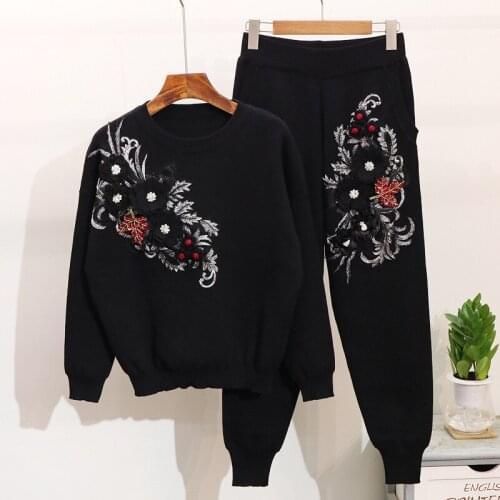 Amolapha Women 3D Flowers Sequined Embroidery Knitted Sweater Tops +Trousers Clothing Sets Thicken Knitting Pants Suits