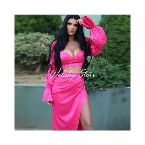 Chic Coral Red Hot Pink Satin Formal Dresses Fashion 2 Pieces Women Outfits High Split Mermaid Skirts & Long Sleeves Short Tops