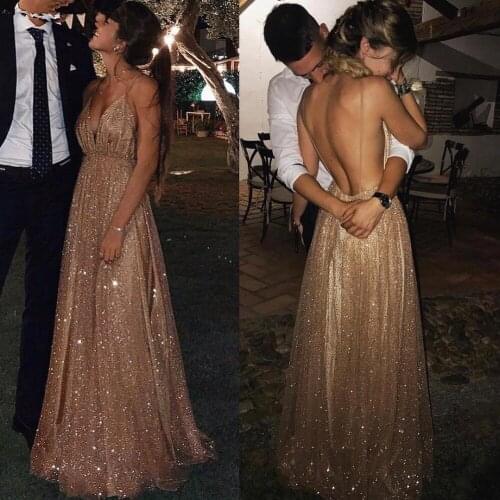 2019 Rose Gold Sequin Long Evening Dress A-line Champagne Formal Party Gowns Sexy Spaghetti Straps V-Neck Backless Prom Dresses