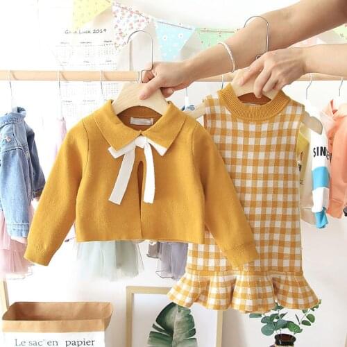 2021 Baby Girl Fashion Clothing Set Cute Bow Sweaters+plaid Dress,girls Infant Elegant Clothes Sets Children Party Birthday Wear