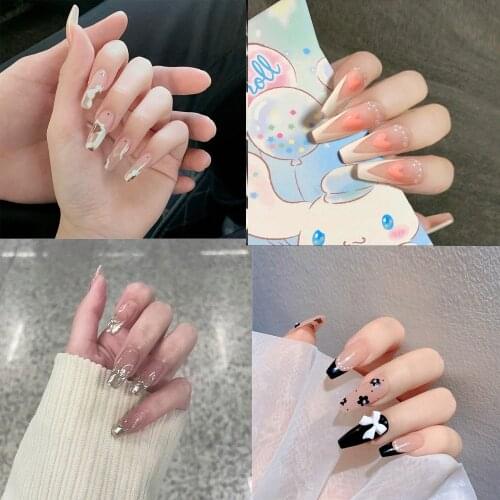 24pcs Full Cover Fake Nails Wearable Long Coffin False Nail Tips Artificial Manicure Tool Bow Glitter Decoration Nail Beauty