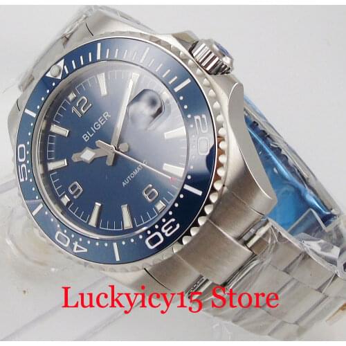 43mm Mechanical Men Watch Sea Blue BLIGER Dial 21 Jewels MIYOTA 8215 3ATM Steel Bracelet Screw Bacl Crown Solid Steel Case