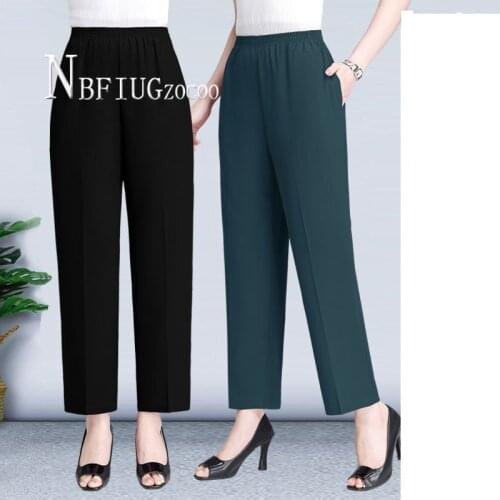 Mother Style Thin Summer Ice Silk Casual Women Pants Middle-aged Elastic Waist Ankle Length Female Trousers