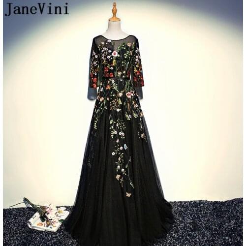 JaneVini 2018 Black Embroidery Long Formal Dress Half Sleeves Lace-up Back Mother of the Bride Dresses Tulle Floor Length Gown