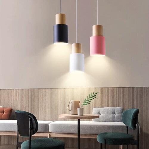 Cord Pendant Study Wood Pendant Lights Colorful Iron Fixture Kitchen lsland Bar Hotel Parlor Black White E27 Led Hang Lamp