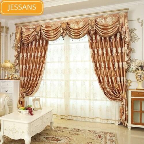 European High-end Jacquard Gold Silk Printing Blackout Curtains for Living Room Bedroom Custom Finished Valance