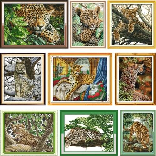 Leopard Stamped Embroidery Cotton Cross Stitch Kits DMC Print 11CT 14CT Counted Fabric Thread Canvas Craft Needlework Decoration