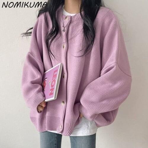 Nomikuma Oversized O-neck Knitwear Coat Korean Long Sleeve Cardigan Sweater 2021 Autumn Winter New Women Knitted Jacket 6Z467