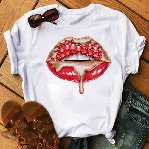 New Women T Shirt Fashion Makeup Red Lips In Diamonds Drip Graphic Tee Shirt Women Clothes Aesthetic White Female T-shirt Tops