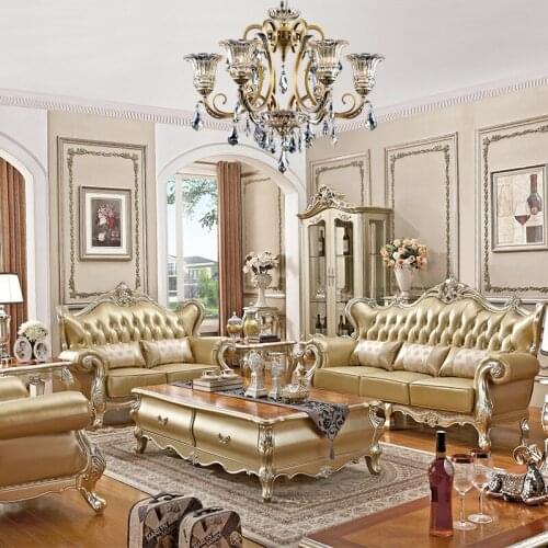 New baijiahui European style solid wood sofa combination three head leather large family luxury leather sofa F17